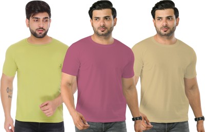 SHAUN Solid Men Round Neck Light Green, Beige, Purple T-Shirt