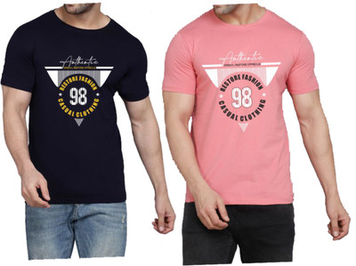 WOOSTRO Graphic Print Men Round Neck Dark Blue, Pink T-Shirt