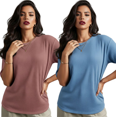 Aqualoom Solid Women Round Neck Blue T-Shirt
