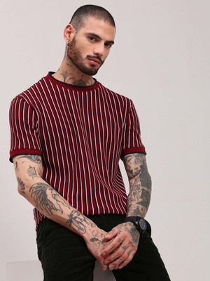 SHOWOFFFF Striped Men Round Neck Red T-Shirt
