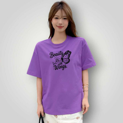 Fluffy Enterprises Printed Women Round Neck Purple T-Shirt