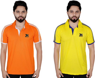 La Milano Printed, Striped Men Polo Neck Yellow, Orange T-Shirt