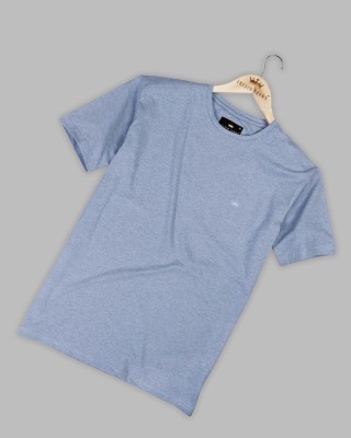 french crown Solid Men Round Neck Blue T-Shirt