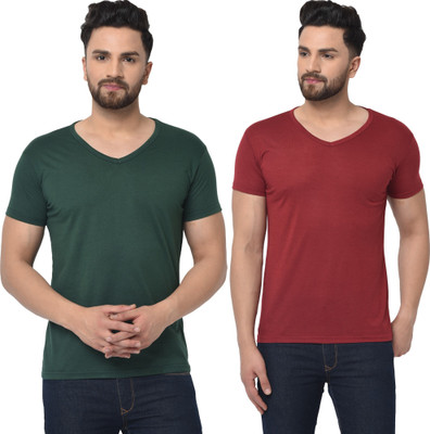 Tresna Trending Solid Men V Neck Dark Green, Maroon T-Shirt