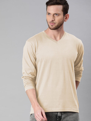 Nilan Tees Wear Solid Men V Neck Beige T-Shirt