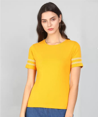 THE DRY STATE Embroidered Women Round Neck Yellow T-Shirt