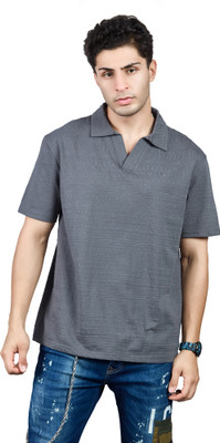 BE POSITIVE Self Design Men Polo Neck Grey T-Shirt