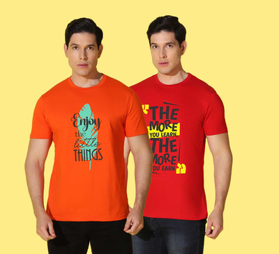 WOOSTRO Typography Men Round Neck Red, Orange T-Shirt