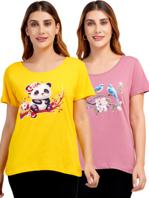 Romaisa Graphic Print Women Round Neck Reversible Yellow, Purple T-Shirt