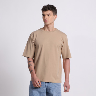 Epivu Solid Men Round Neck Beige T-Shirt