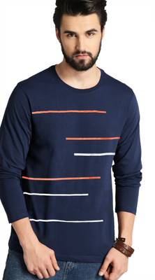 Leotude Striped Men Round Neck Navy Blue T-Shirt