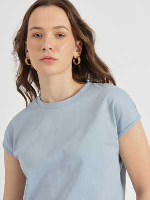 Fable Street Solid Women Round Neck Blue T-Shirt