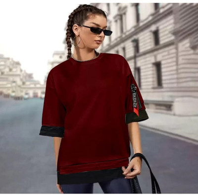TARSHI Solid Women Round Neck Maroon T-Shirt