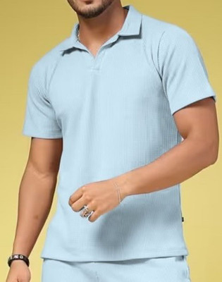 INDICLUB Solid Men Polo Neck Light Blue T-Shirt