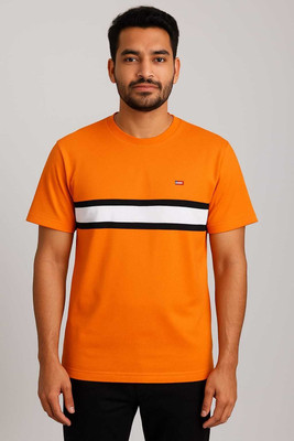 MSC Striped Men Round Neck Orange T-Shirt