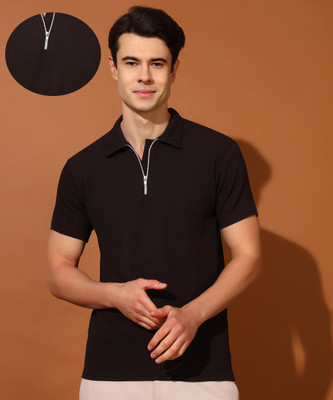 Christy World Solid Men Polo Neck Black T-Shirt