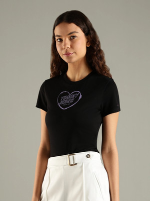 TOMMY HILFIGER Printed Women Crew Neck Black T-Shirt