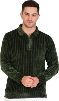 FD INDIA Self Design Men Zip Neck Green T-Shirt