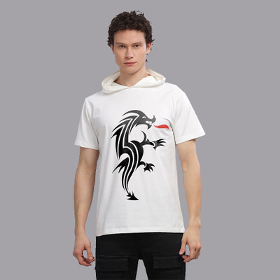 SolaceActive Printed Men Hooded Neck Reversible White T-Shirt