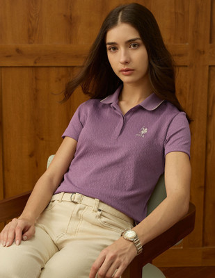 U.S. POLO ASSN. Self Design Women Polo Neck Purple T-Shirt