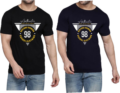 WOOSTRO Printed Men Round Neck Black, Dark Blue T-Shirt