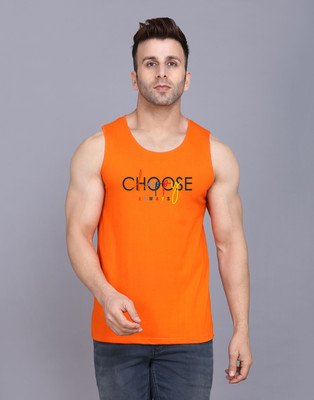 SLOWLORIS Printed, Typography Men Round Neck Orange T-Shirt