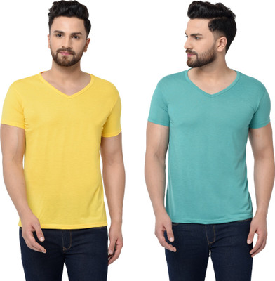 Tresna Trending Solid Men V Neck Yellow, Light Green T-Shirt