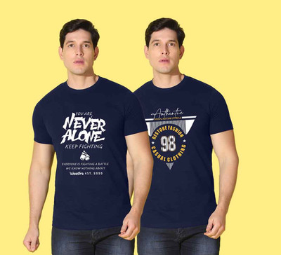 WOOSTRO Typography Men Round Neck Dark Blue T-Shirt
