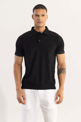 Snitch Self Design Men Polo Neck Black T-Shirt