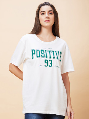 Globus Printed, Typography Women Round Neck White T-Shirt