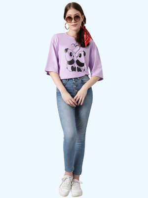 KOTTY Printed Women Round Neck Purple T-Shirt