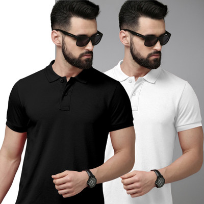 METRONAUT Solid Men Polo Neck Black, White T-Shirt
