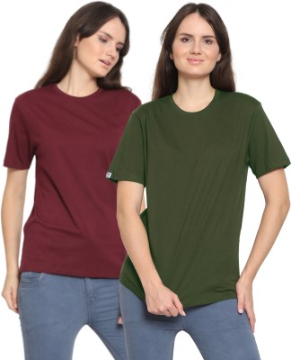 YouthPoi Solid Women Round Neck Maroon, Green T-Shirt