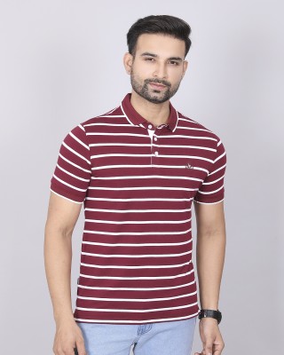 Forensic Striped Men Polo Neck Maroon, White T-Shirt