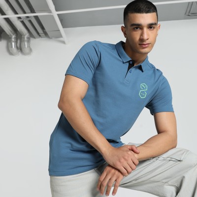 PUMA Printed Men Polo Neck Blue T-Shirt