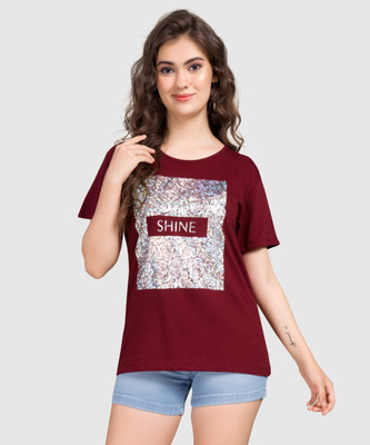 Monisha Plus Printed Women Round Neck Maroon T-Shirt