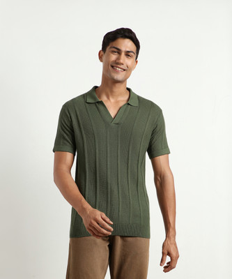 NOBERO Self Design Men Polo Neck Green T-Shirt