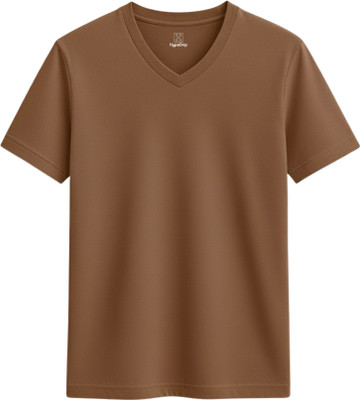 HypeDrip Solid Men V Neck Brown T-Shirt