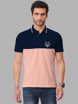 Bullmer Colorblock Men Polo Neck Pink, Navy Blue T-Shirt