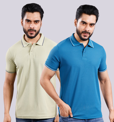 SUPERSQUAD Solid Men Polo Neck Beige, Blue T-Shirt