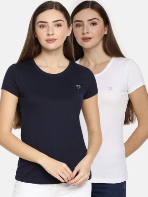 TWIN BIRDS Solid Women Round Neck Dark Blue, White T-Shirt