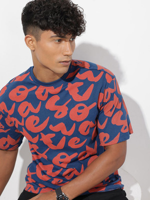 Roadster Printed Men Round Neck Blue T-Shirt