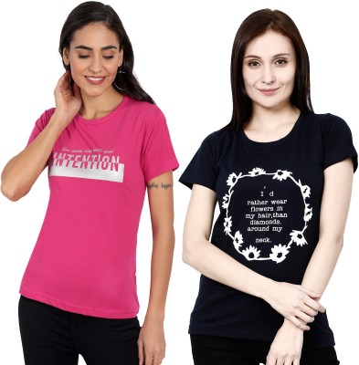 CHOZI Printed Women Round Neck Dark Blue, Pink T-Shirt