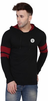 Blisstone Solid Men Hooded Neck Black, Maroon T-Shirt