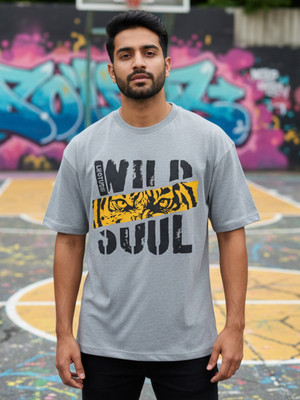 JUST ROAR Printed Men Round Neck Grey T-Shirt