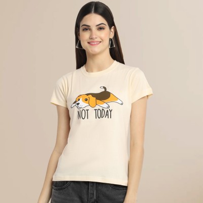 Fabflee Printed Women Round Neck Beige T-Shirt