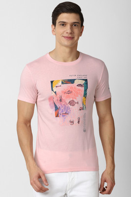 PETER ENGLAND Printed Men Round Neck Pink T-Shirt