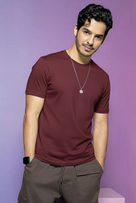 Jangoboy Solid Men Round Neck Maroon T-Shirt