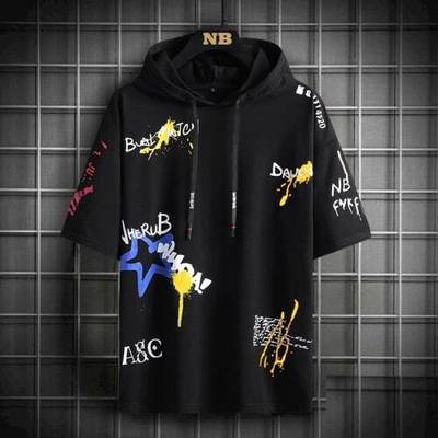 Lieo Trend Printed Men Hooded Neck Black T-Shirt