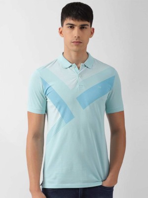 PETER ENGLAND Striped Men Polo Neck Light Blue T-Shirt